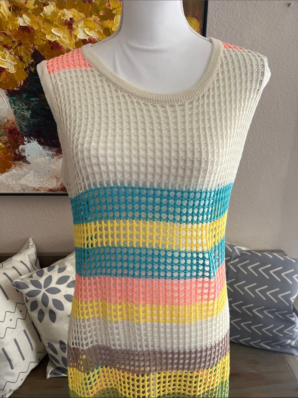 Crochet Stripe Sleeveless swim cover up in Cream, Teal, Yellow, Coral, Taupe